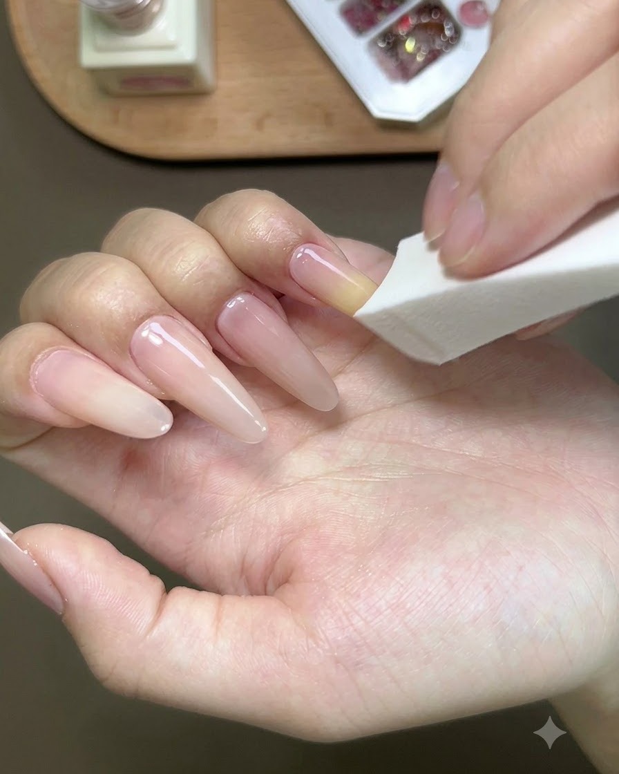 Ein weißer Make-up-Schwamm tupft sanft auf die gelbe Gelspitze, um einen Ombré-Verlauf auf dem Nagel zu erzeugen.