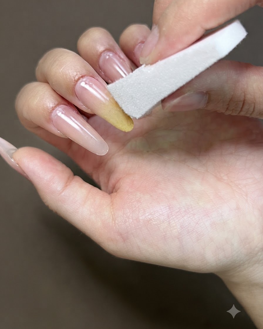 Ein Schwamm wird verwendet, um gelbes Gel auf einem Fingernagel für einen Ombré-Effekt zu verblenden.