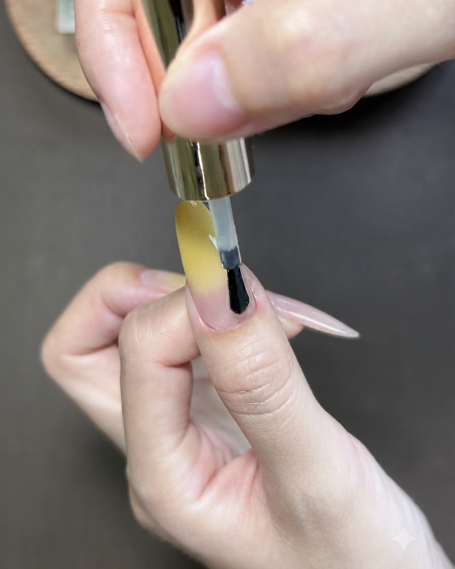 Ein Pinsel trägt Cat-Eye-Gel-Nagellack über den gelb verlaufenden Daumennagel auf.