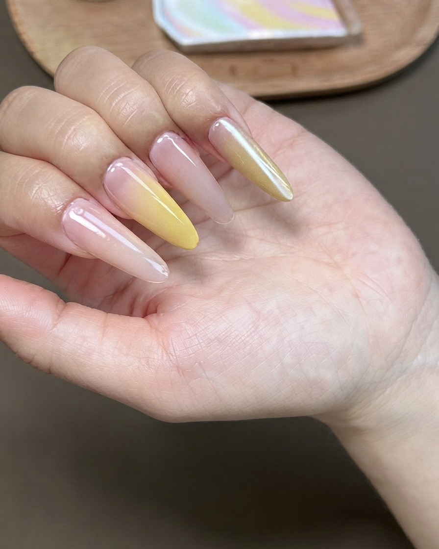 Ein Magnetwerkzeug wird über einen manikürten Nagel gehalten, um den Cat-Eye-Gel-Nagellack zu manipulieren.
