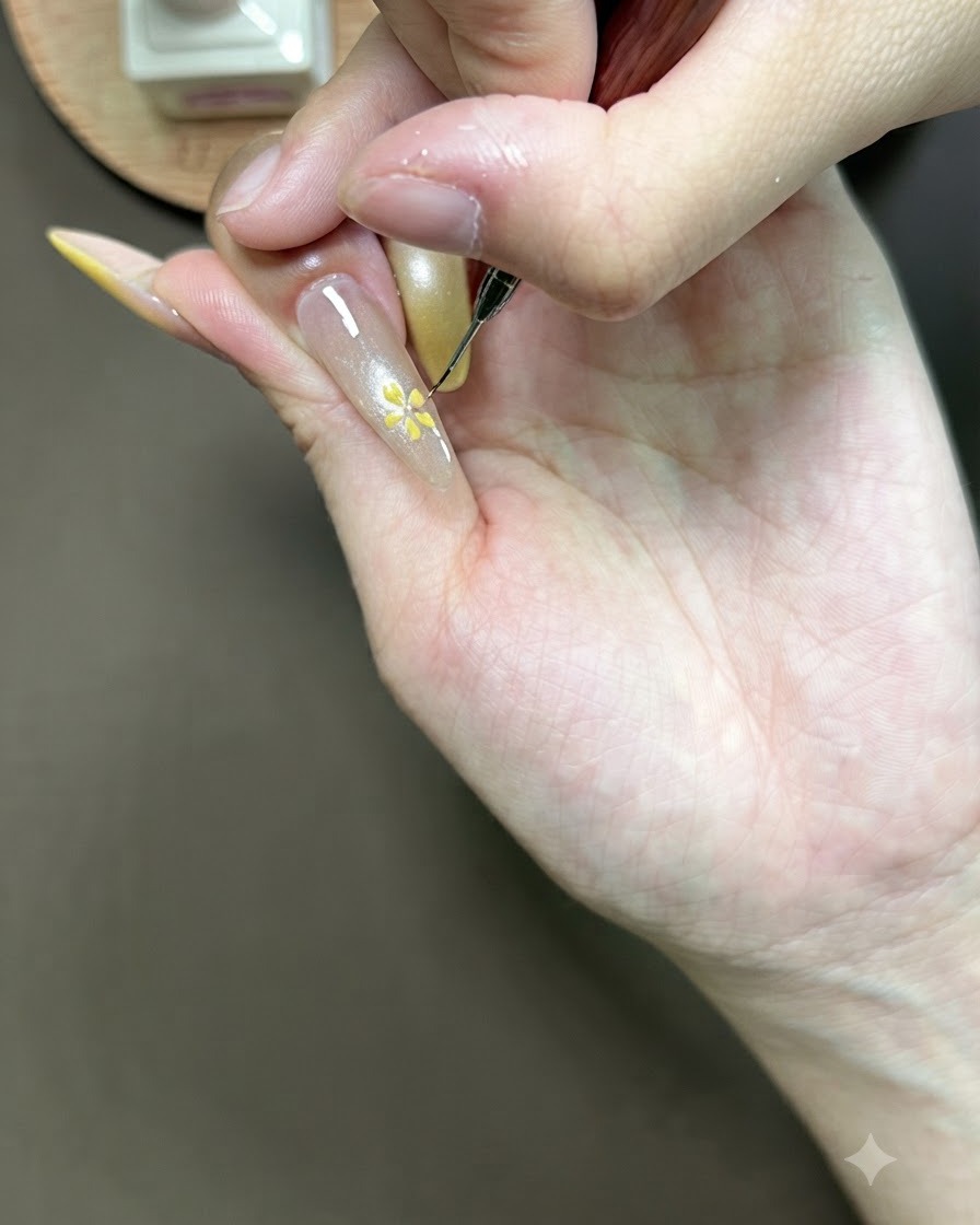 Eine Hand ruht in einer UV-Nagellampe, um die frisch gemalte florale Nail-Art auszuhärten.