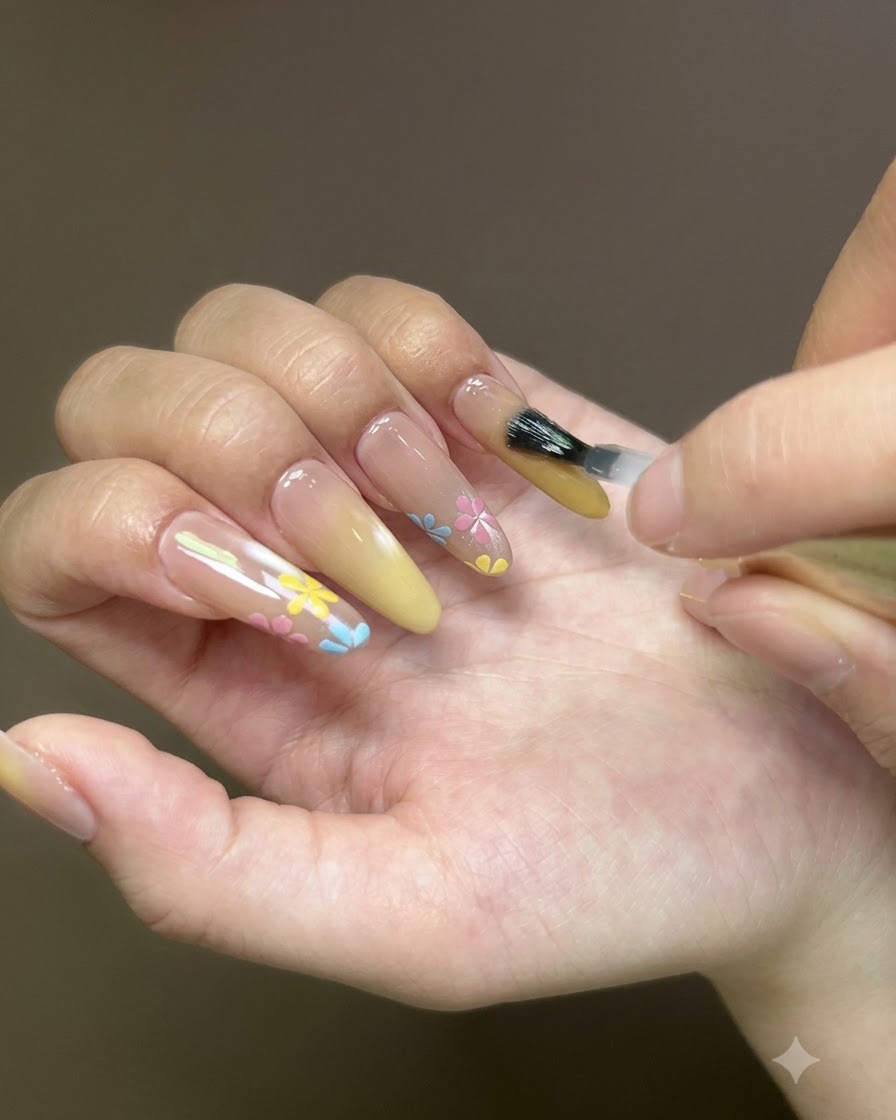 Ein Nagelpinsel trägt einen klaren Top-Coat auf einen dekorierten Ringfingernagel auf.