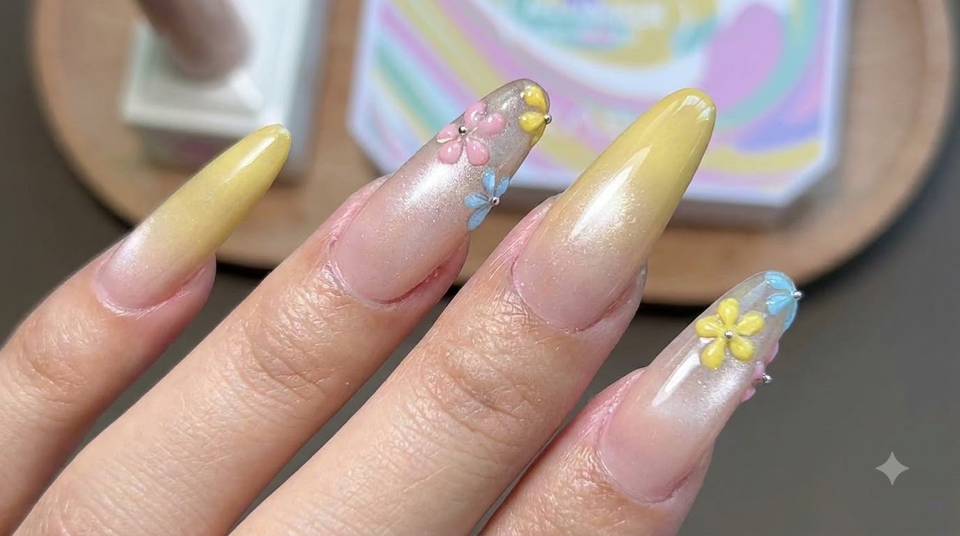 Gelbe Ombré-Nägel mit 5-Blätter-Blumen-Design — Schritt-für-Schritt-Anleitung