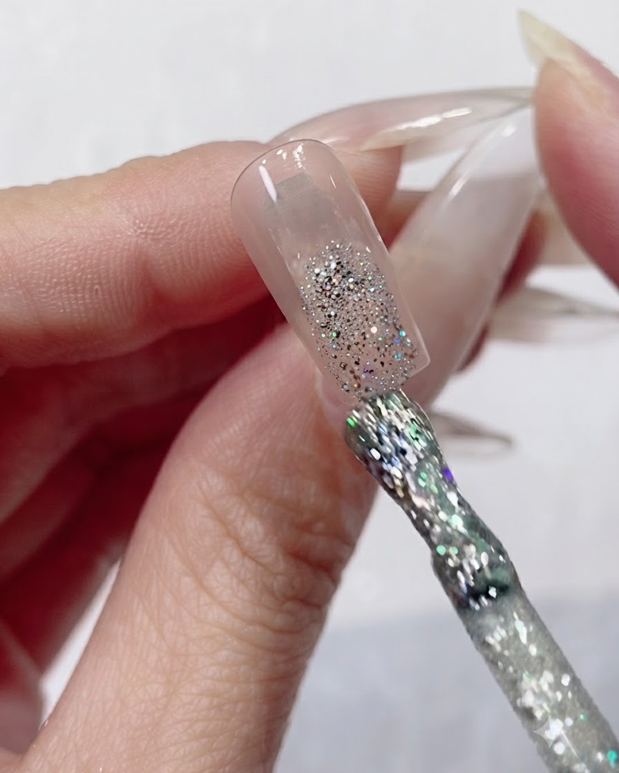Ein Gelpinsel, der groben silbernen Holografik-Glitzer auf die Spitze einer Nagelverlängerung aufträgt.