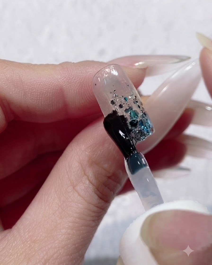 Eine Hand befindet sich in einer UV/LED-Nagellampe, um die Builder-Gel-Schicht auf einem Fingernagel auszuhärten.