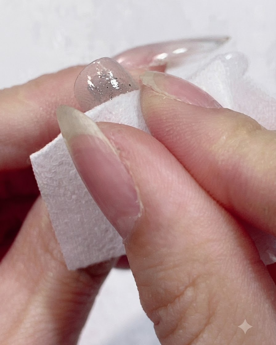 Ein fusselfreier Pad wird auf einen ausgehärteten Nagel gedrückt, um die klebrige Rückstandsschicht zu reinigen.