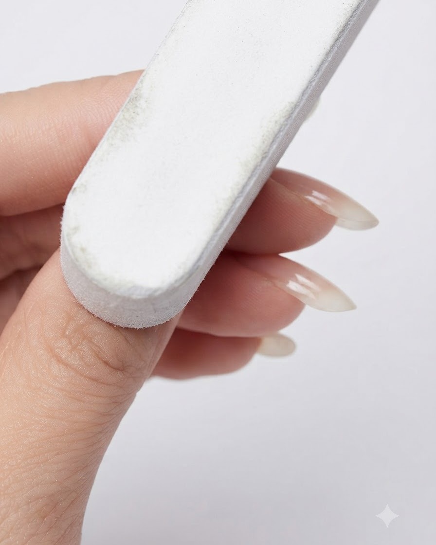 Eine grobe Nagelfeile glättet die Oberfläche eines fertigen, gelausgehärteten Nagels.