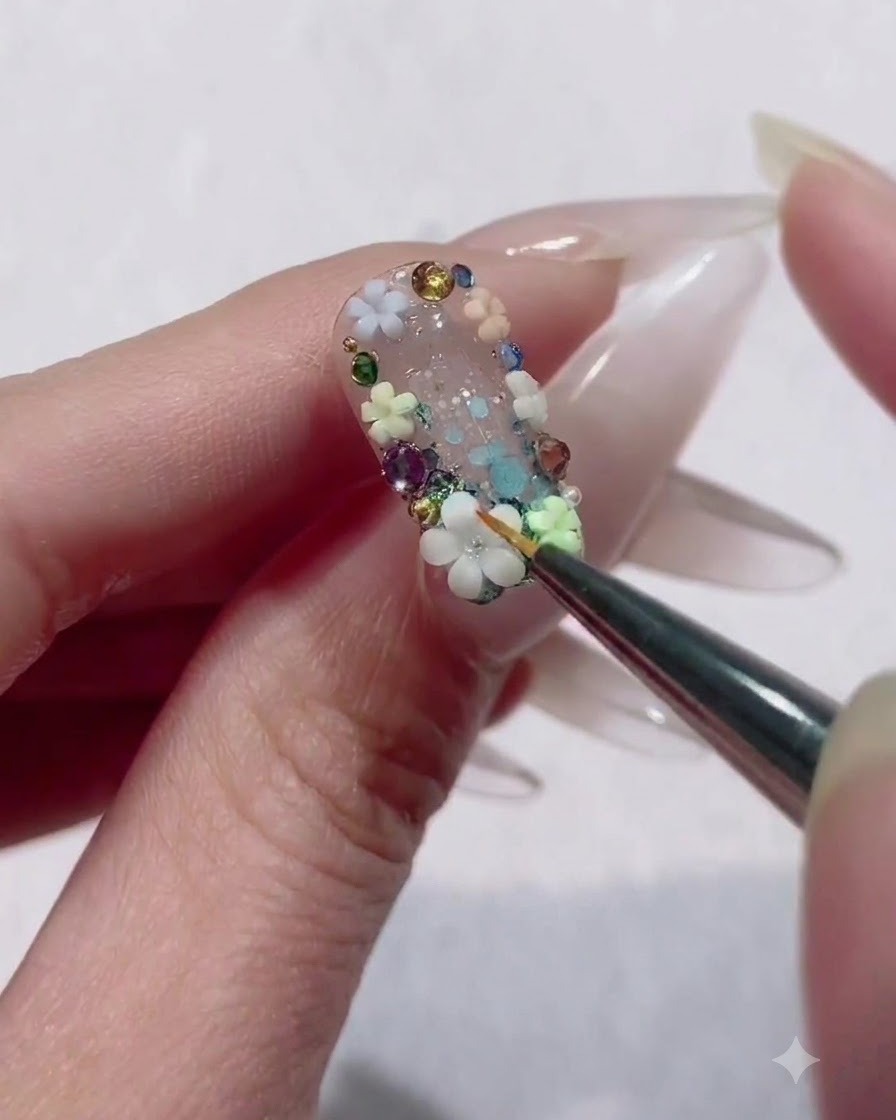 Eine Nahaufnahme eines feinen Liner-Pinsels tupft klaren Strasskleber in die Mitte einer weißen 3D-Blume auf einem Nagel.