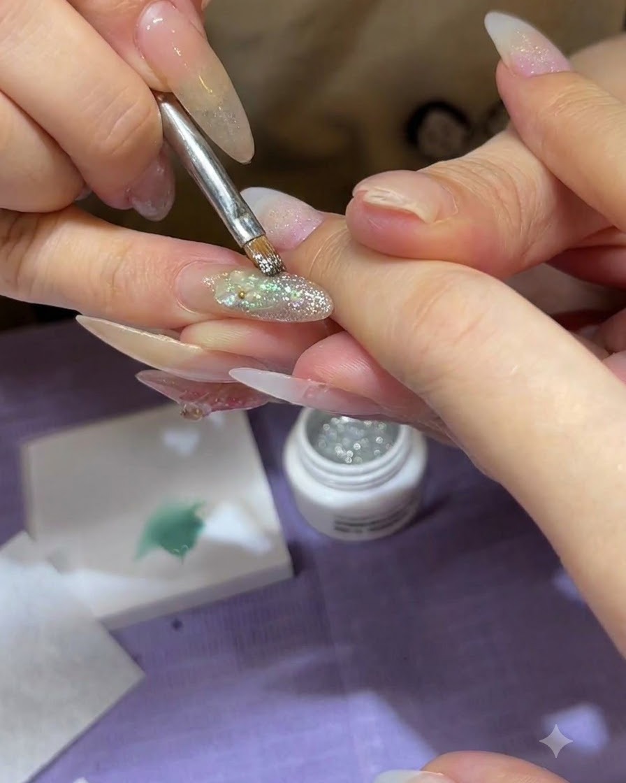 Ein Gelpinsel trägt fein glitzernden Nagellack vorsichtig nahe der Nagelhaut auf.