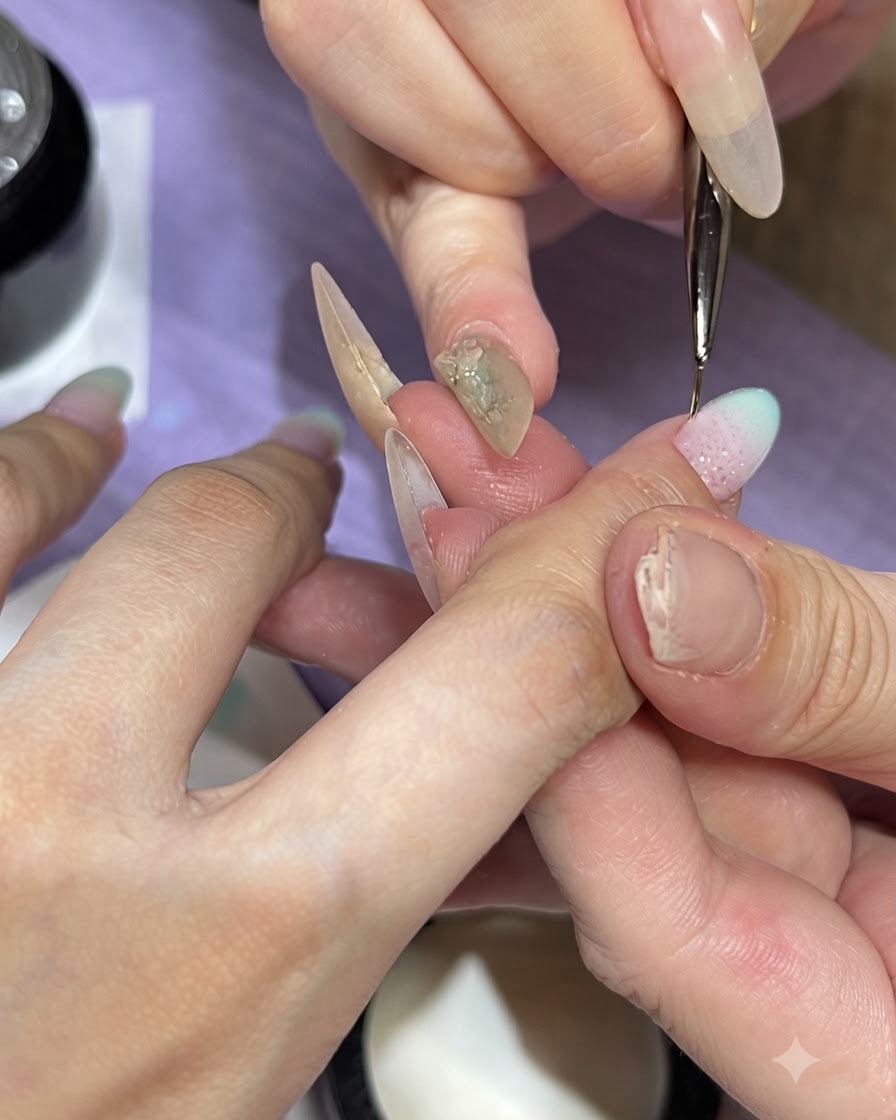 Ein feiner Liner-Pinsel trägt einen klaren Top Coat über das verzierte Nageldesign auf.