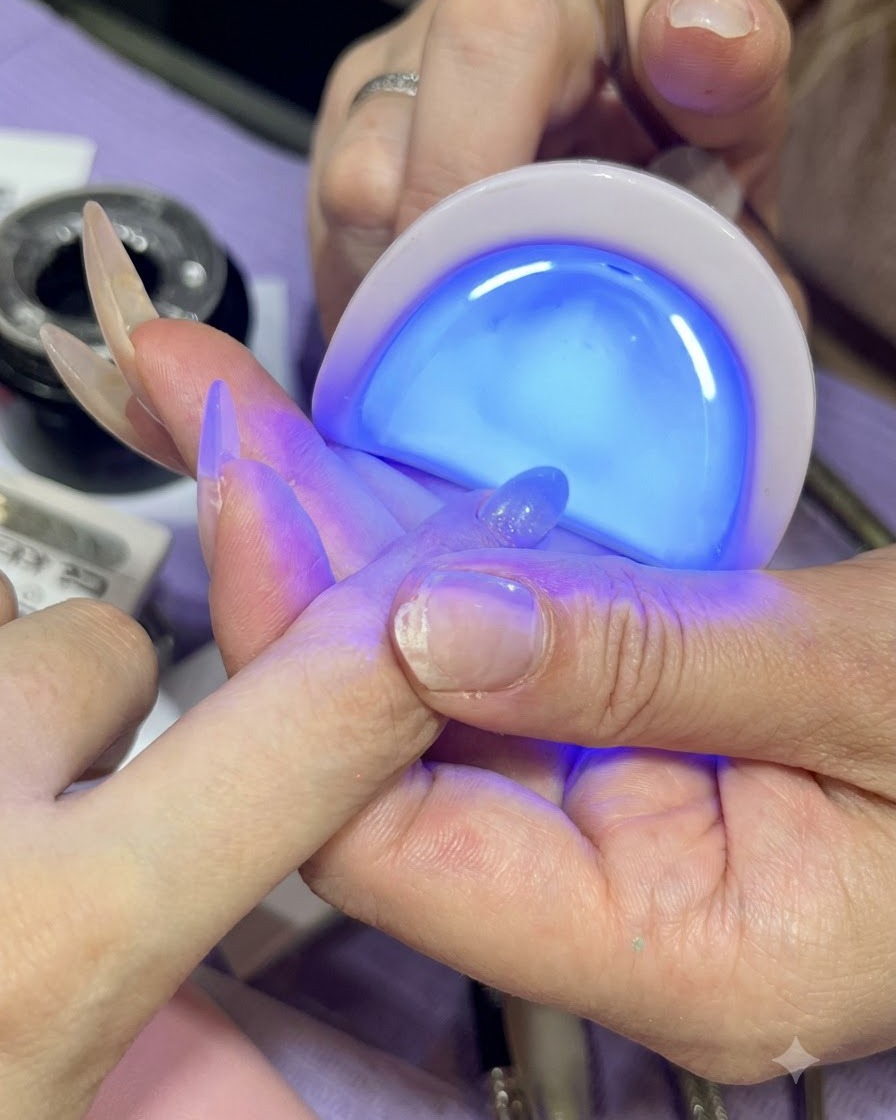 Eine Hand härtet einen Gelnagel unter einer tragbaren blauen UV/LED Lampe aus.