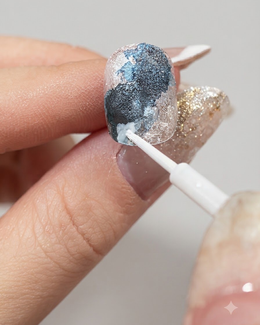 Ein feiner Pinsel trägt weißes Smudging-Liquid entlang der Ränder der blauen Bereiche auf einem Nagel auf.