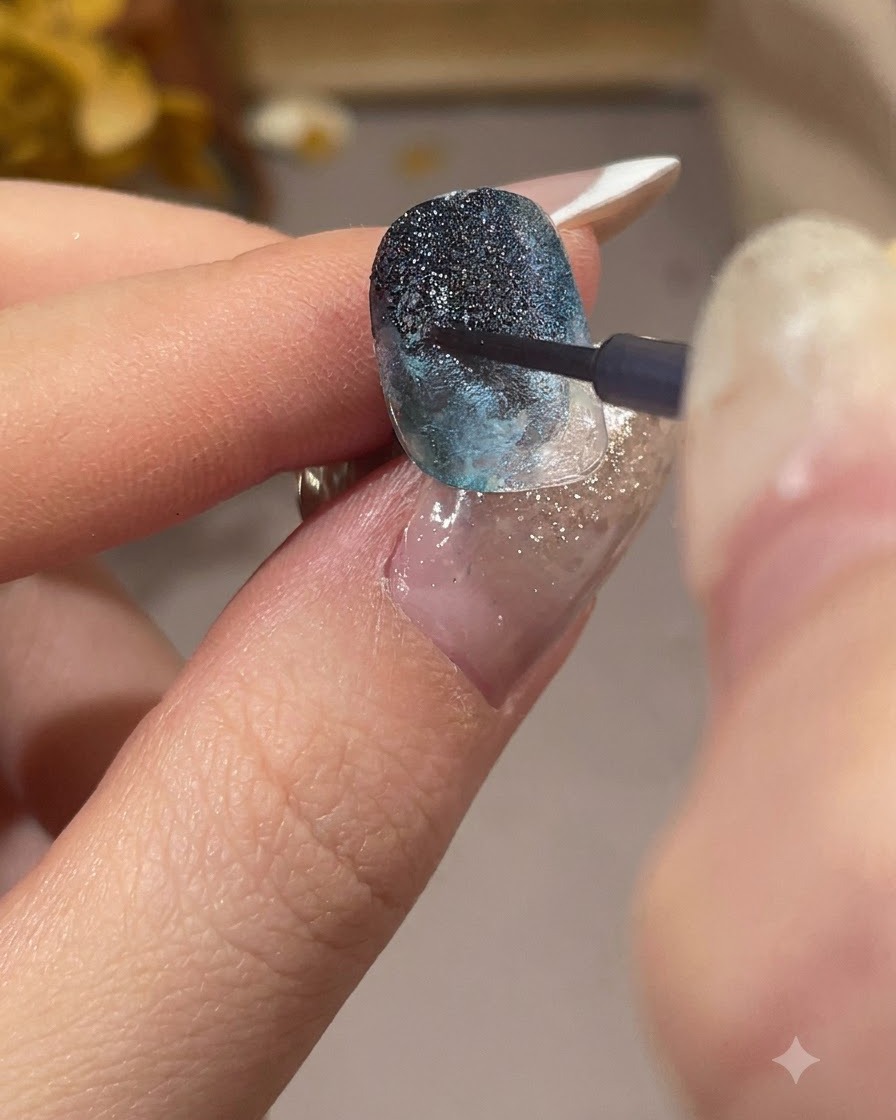 Eine Nahaufnahme eines Nagelpinsels, der glitzerndes Perlmutt-Glitter-Liquid auf die Mitte eines blauen Nageldesigns aufträgt.