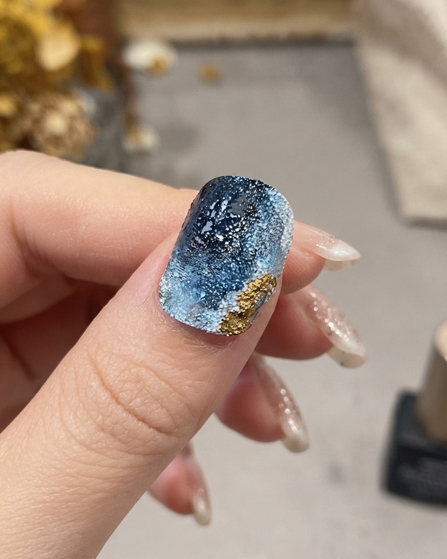 Eine Nahaufnahme einer Hand, die einen feinen Detailpinsel verwendet, um goldene Metallic-Details entlang des strukturierten Randes eines blauen Nagels aufzutragen.
