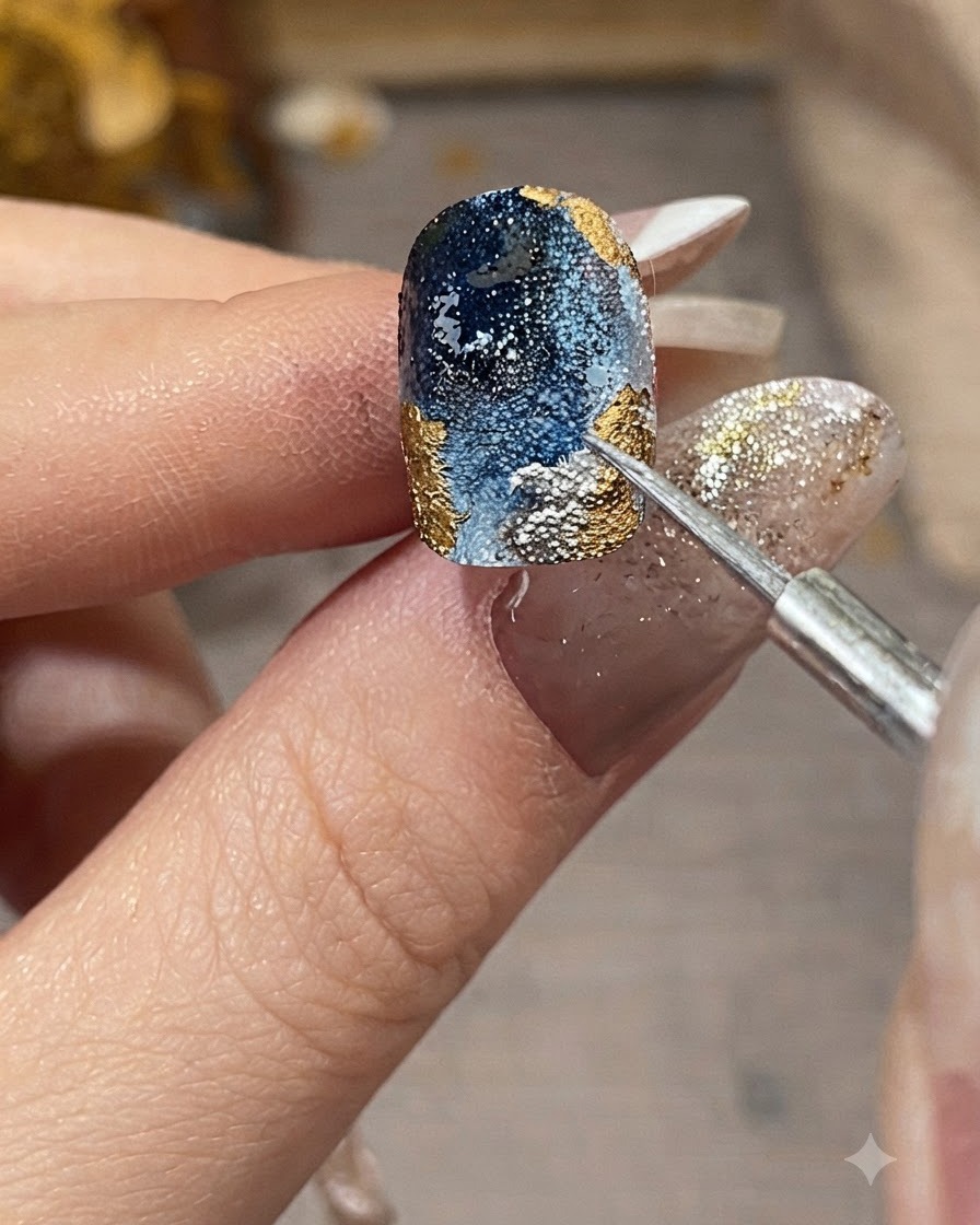 Eine Nahaufnahme eines Detailpinsels, der silberne Metallic-Flüssigkeit entlang der strukturierten Ränder eines blau-goldenen Nageldesigns aufträgt.
