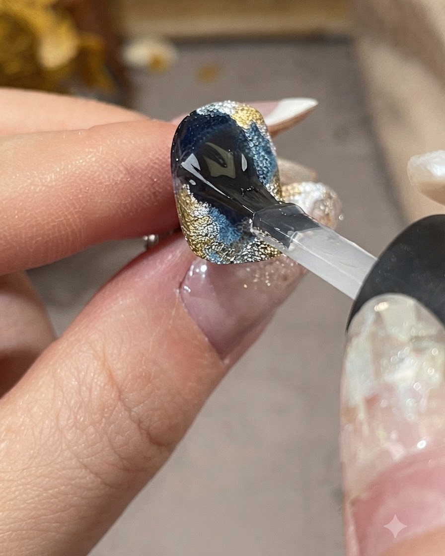 Ein Pinsel trägt einen klaren, glänzenden Top-Coat über ein fertiges blaues, goldenes und silbernes Galaxie-Nageldesign auf.