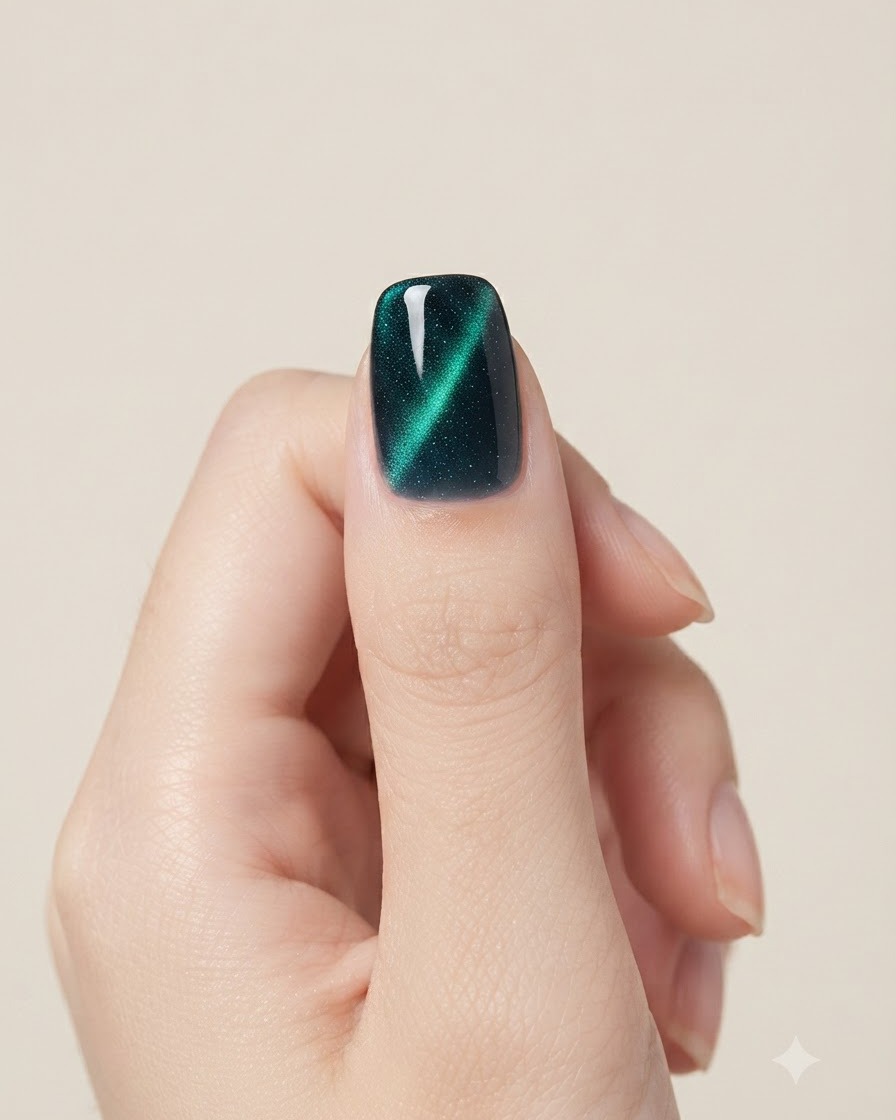Ein kugelförmiges Magnetwerkzeug schwebt über einem feuchten Teal-Cat-Eye-Gel-Nagel.