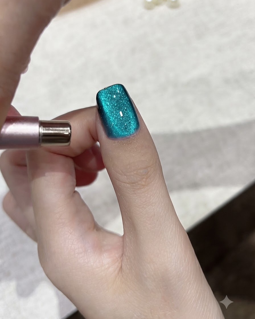 Ein Magnetwerkzeug passt die Lichtreflexion auf einem Teal-blauen Cat-Eye-Gel-Nagel an.