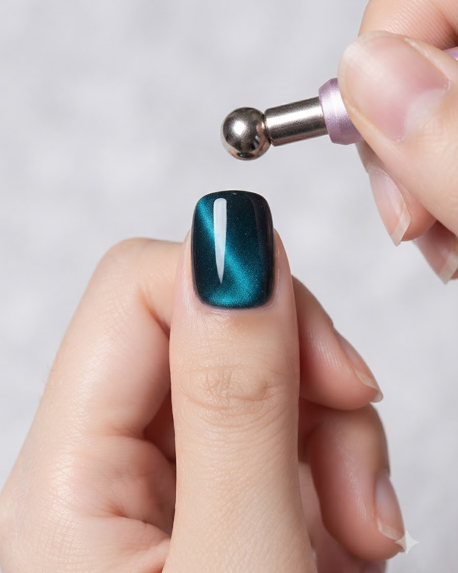 Ein Magnetstab mit einer Metallkugelspitze schwebt über einem Teal-Cat-Eye-Gel-Nagel, um die Magnetpartikel zu formen.
