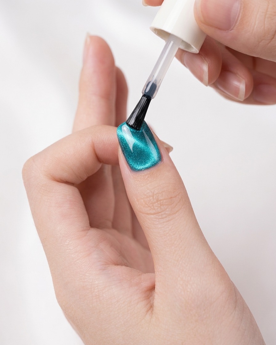 Ein Pinsel trägt einen glänzenden klaren Überzugslack über einem schimmerten Türkis-Galaxy-Cat-Eye-Nagel auf.