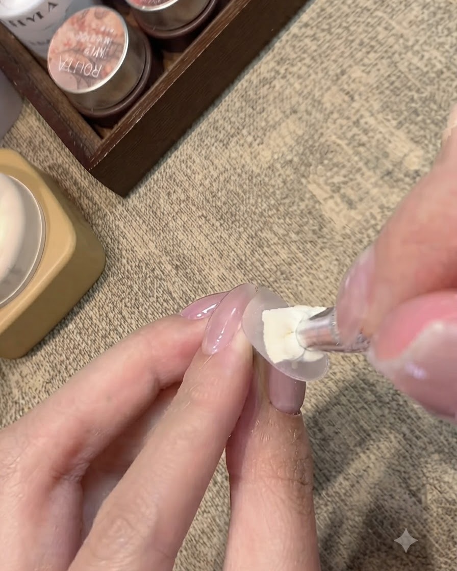 Ein Pinsel trägt eine Schicht milchiges Nude-Gel auf eine klare Nageldisplay-Form auf.