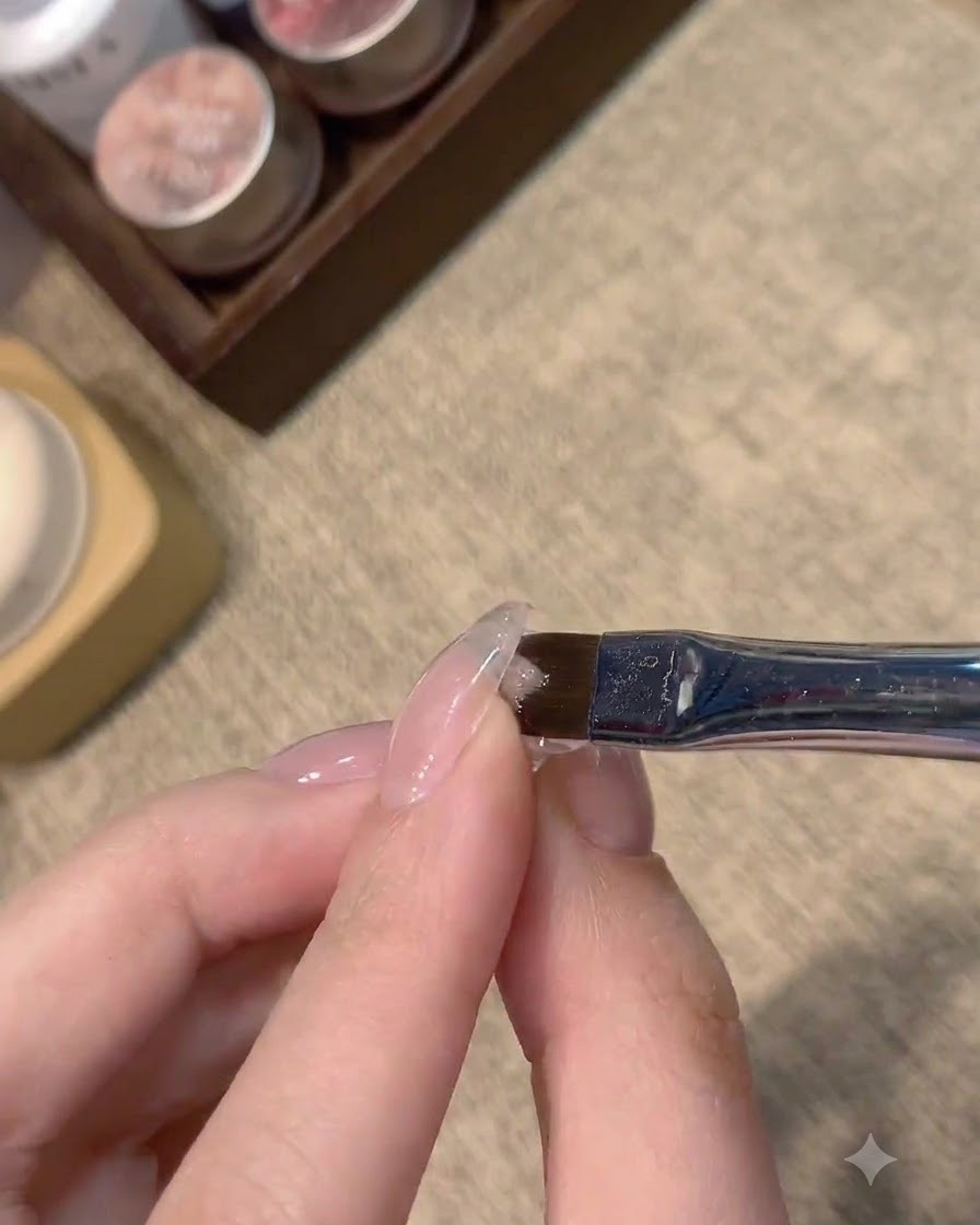 Ein flacher Nail-Art-Pinsel ruht auf einer ausgehärteten, durchsichtigen Nude-Nageloberfläche.