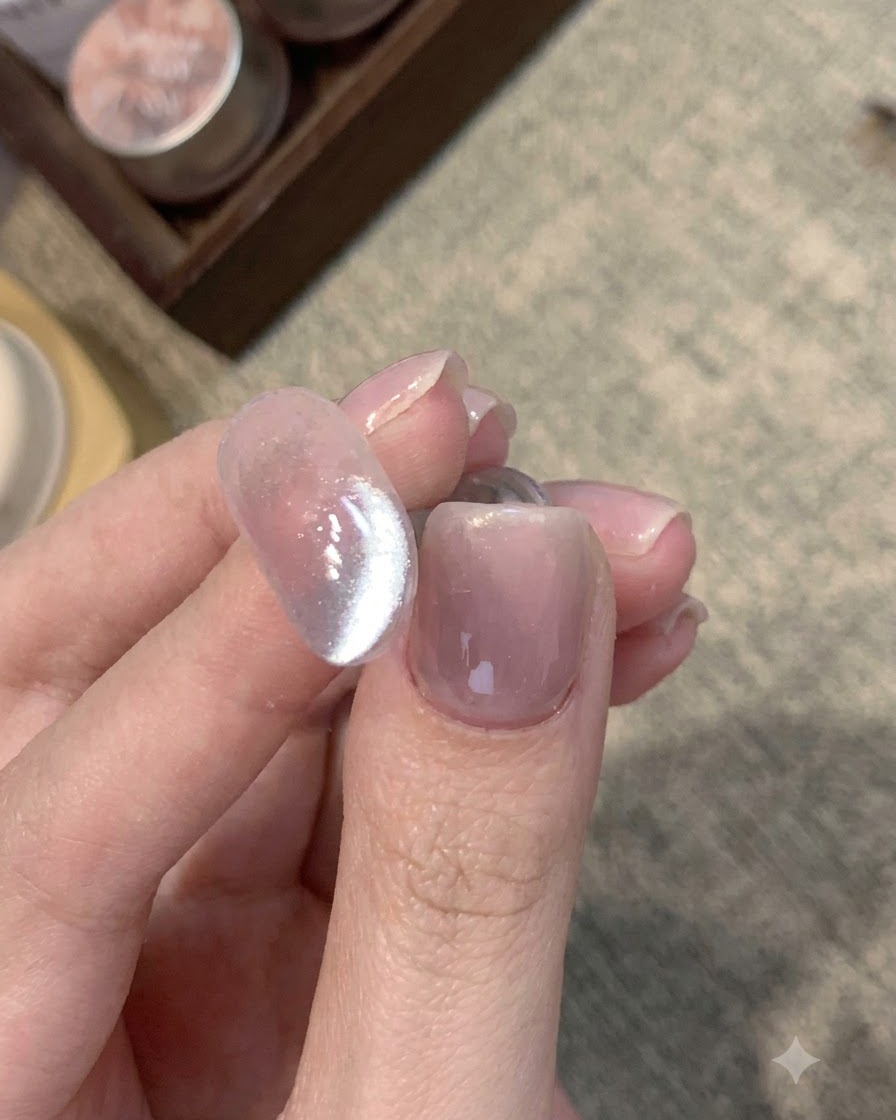 Nahaufnahme einer klaren Nagelspitze mit einem konzentrierten blauen Cat-Eye-Schimmer, der zu einer Seite verschoben ist.