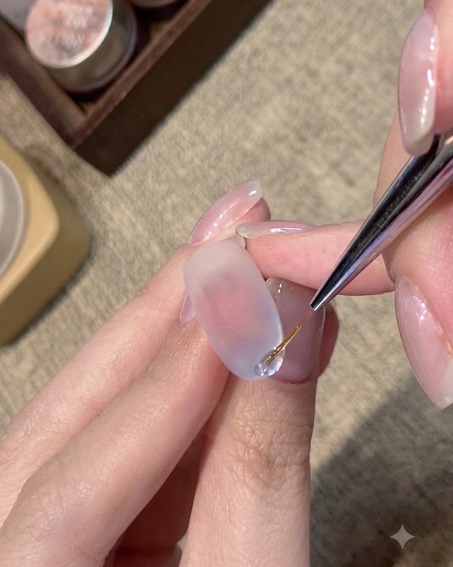 Ein feiner Nail-Art-Linerpinsel trägt eine glänzende, erhöhte Linie aus klarem Gel auf die Nagelspitze eines matten blau-schimmernden Nagels auf.