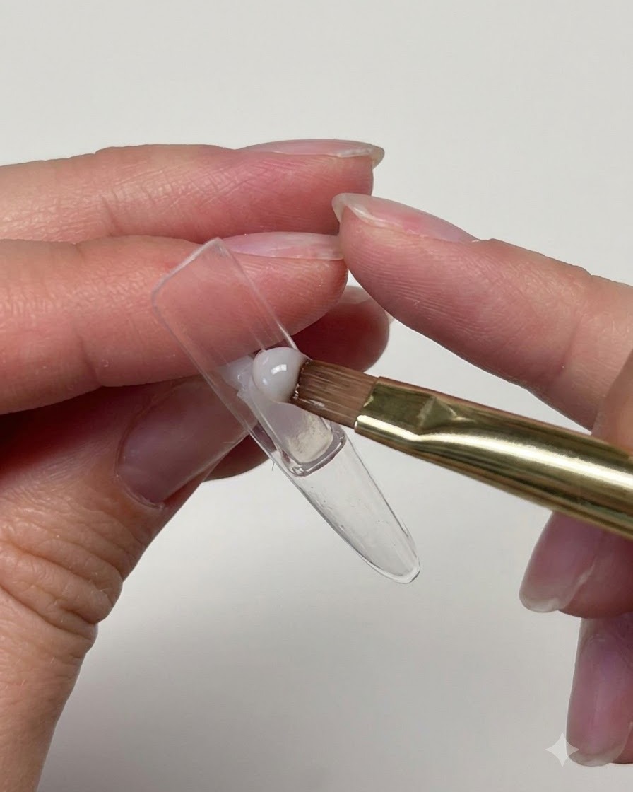 Eine Nahaufnahme eines Flachpinsels, der klares Gel auf die innere Hohlseite einer langen transparenten Nagelverlängerungsspitze aufträgt.