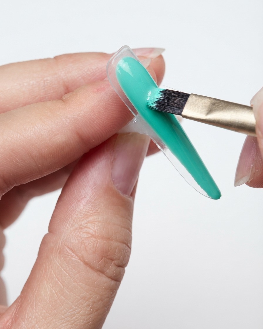 Ein Pinsel, der sorgfältig mintgrünes Farbgel entlang der Unterkante und Unterseite einer transparenten Nagelspitze aufträgt.