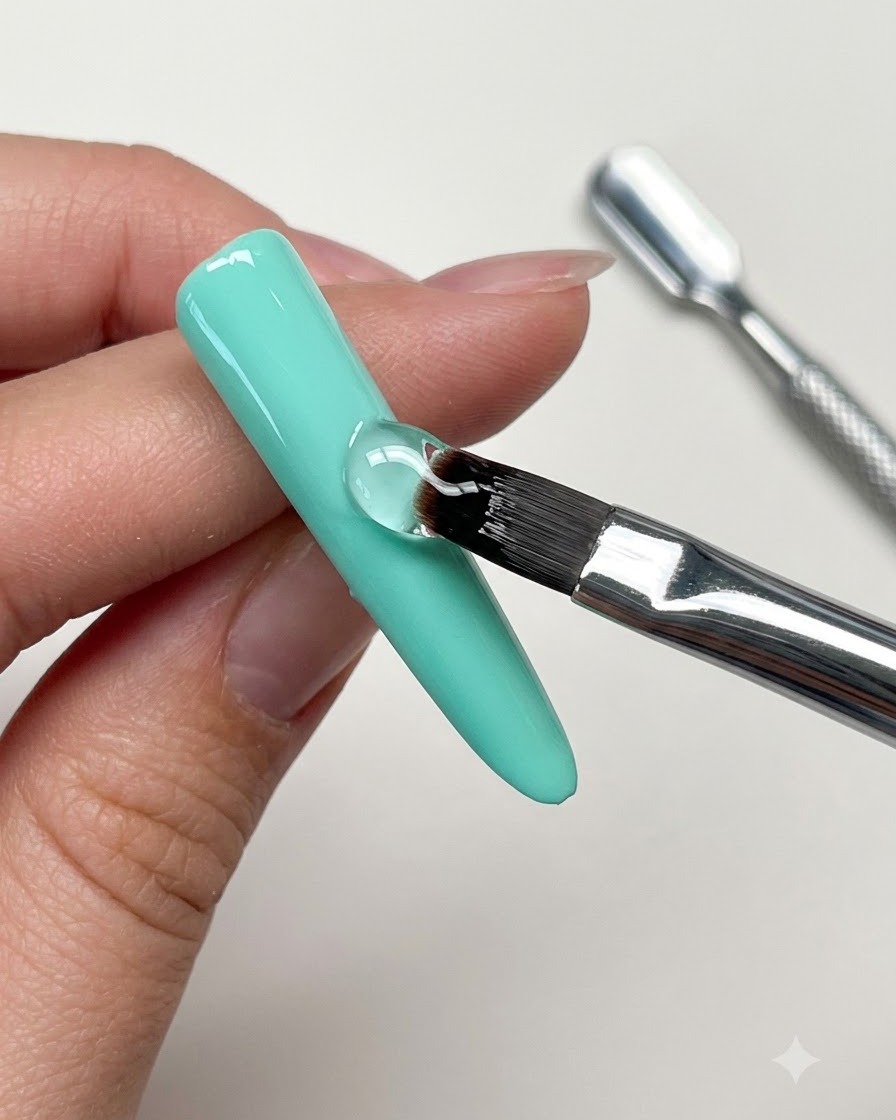 Ein Gelpinsel, der klares Verstärkungsgel gleichmäßig über eine mintgrüne Nagelplatte glättet.