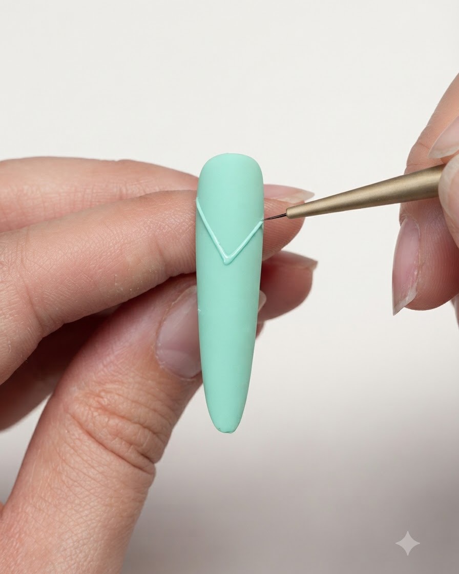 Ein feiner Liner-Pinsel, der eine präzise diagonale Linie zeichnet, um eine Sternform auf einem matten mintgrünen Nagel zu bilden.