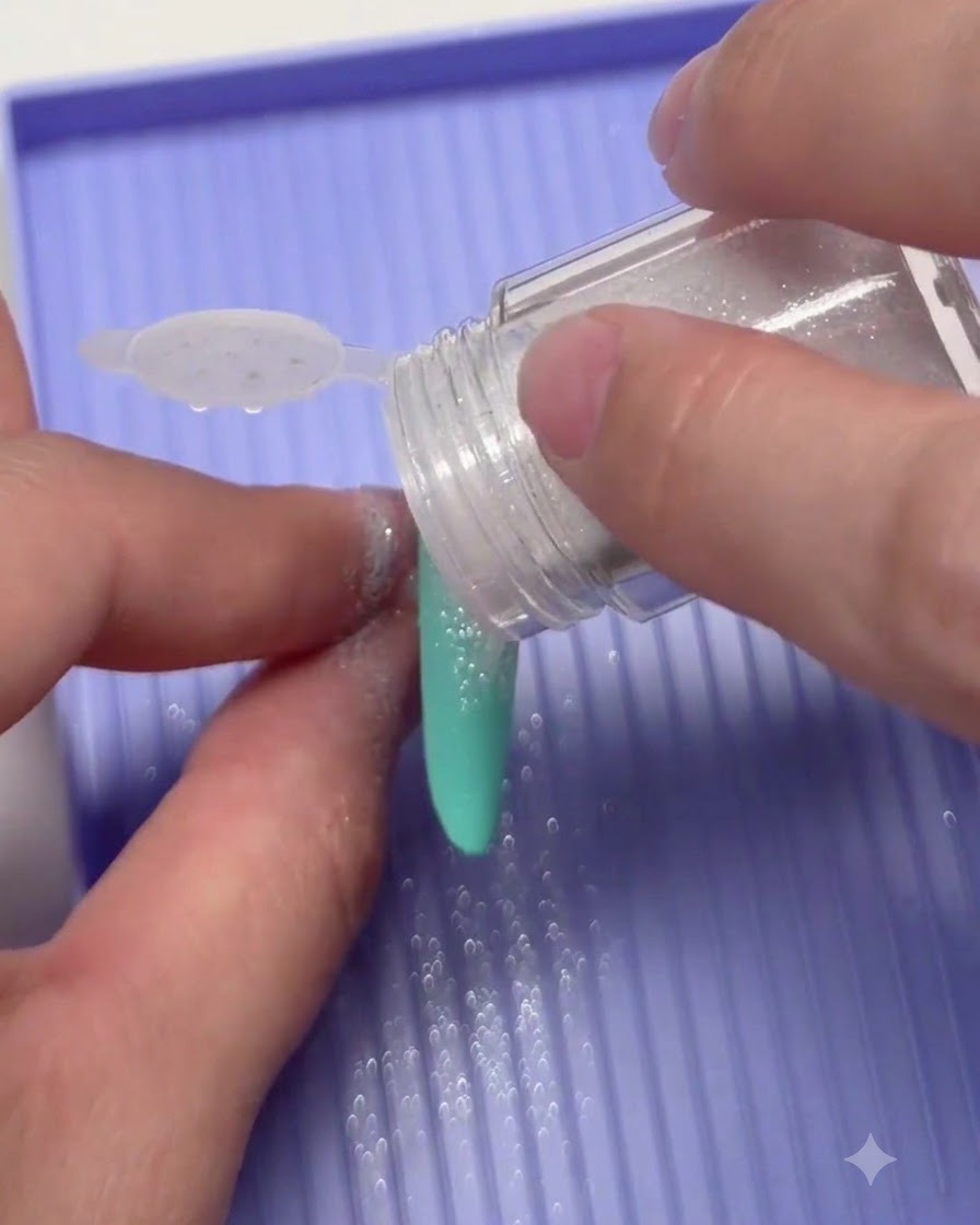 Weißes Zuckerglitzerpulver wird aus einem Glas direkt auf ein mintgrünes Nageldesign gegossen.