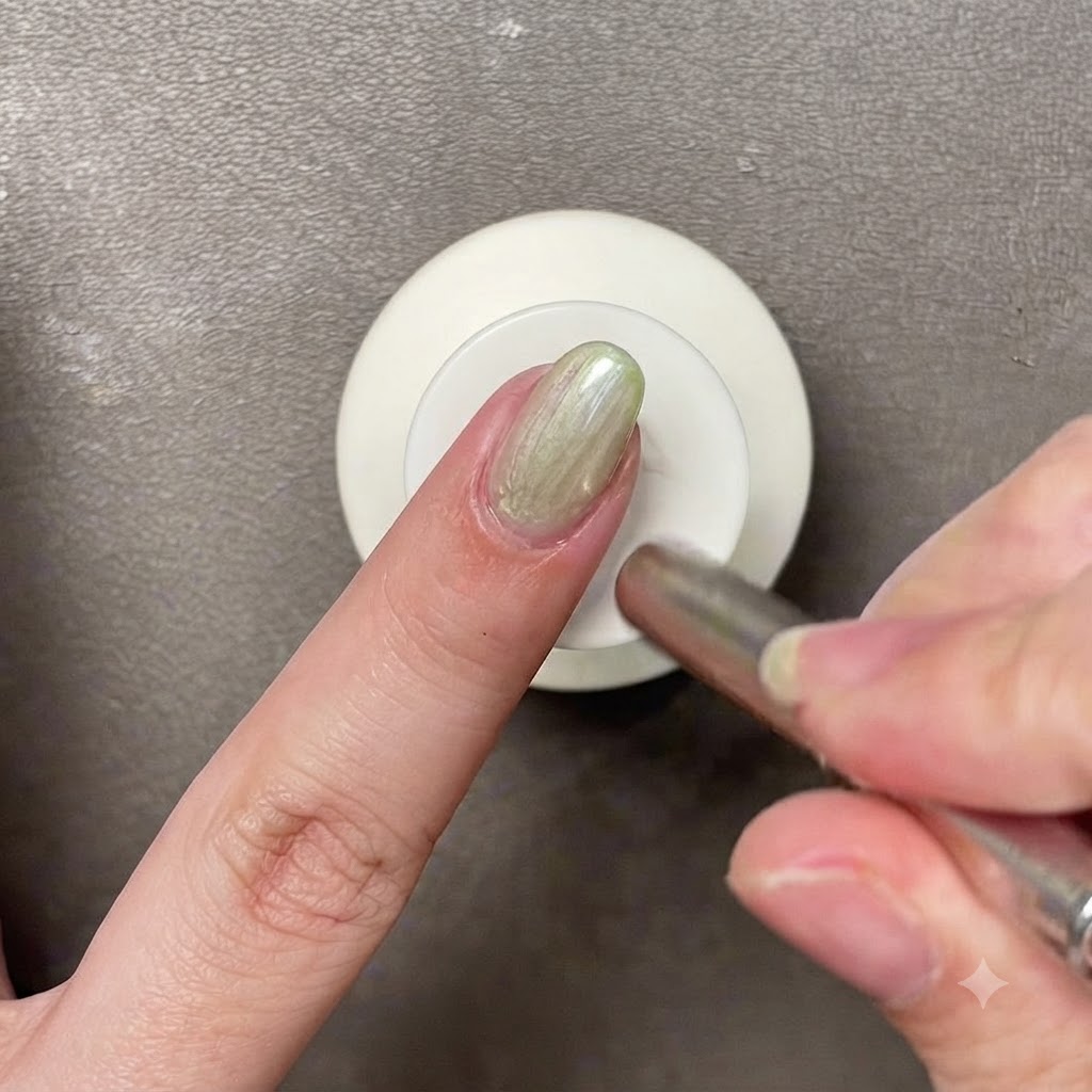 Ein Magnetwerkzeug schwebt über einem hellgrün beschichteten Nagel, um die Lichtreflexion zu formen.