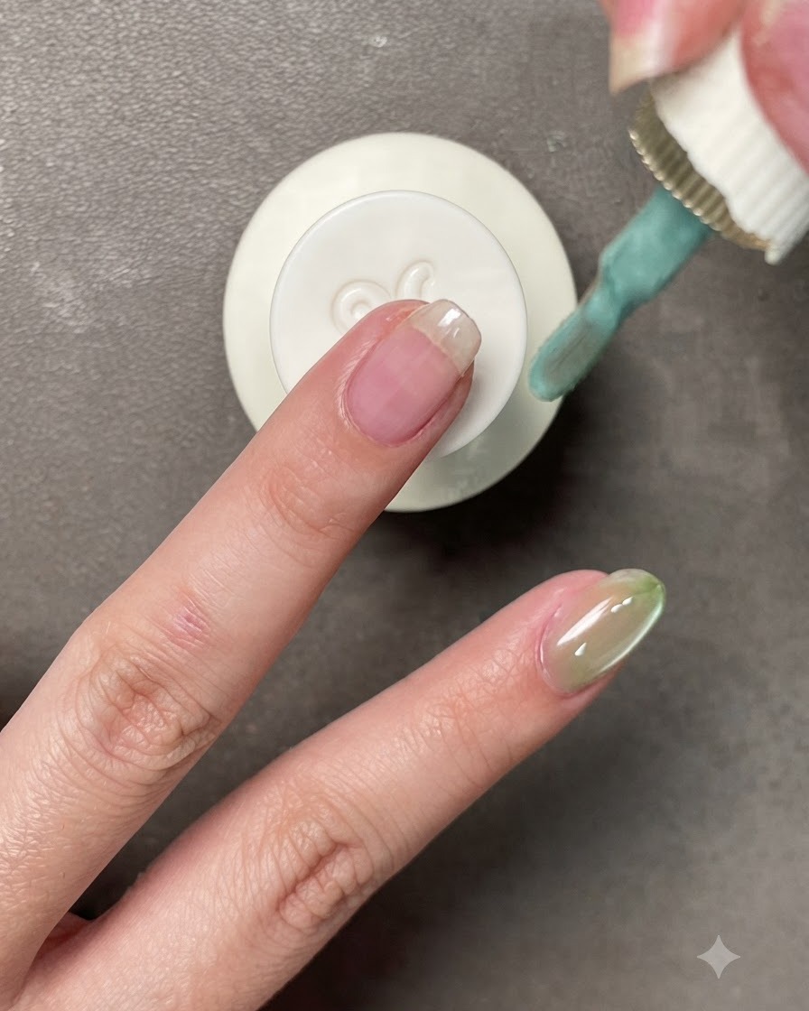 Ein Nagellackpinsel trägt blasses Salbeigrün auf einen Fingernagel auf.