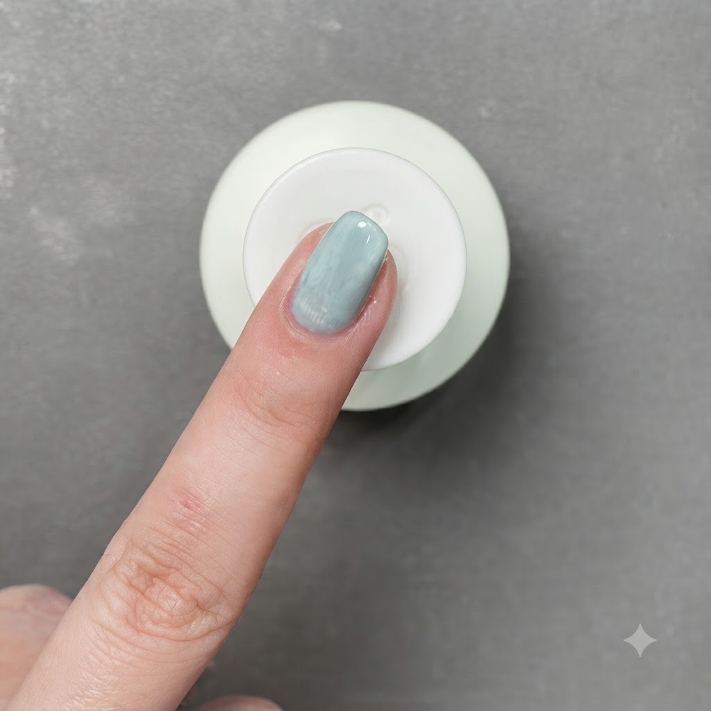 Ein Magnetstift über einem salbeigrünen Gel-Nagel zur Konzentration der Schimmerlinie.