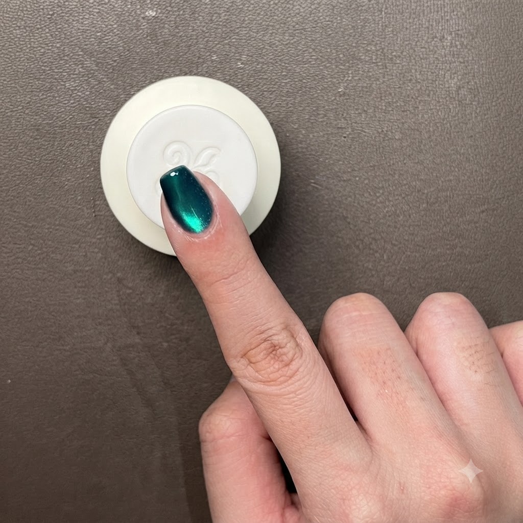 Nahaufnahme eines Fingers mit dunklem metallicgrünen Cat-Eye-Gel und einer hellen kreisförmigen Glaskugel-Lichtreflexion.