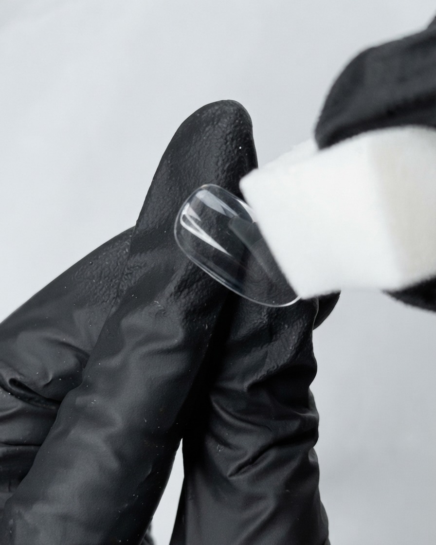 Eine behandschuhte Hand hält eine klare Nagel-Übungstipp und verwendet einen weißen Schwammblock zum Anrauen der Oberfläche.