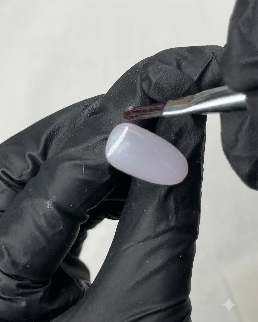 Ein Magnetstab wird über einen hellviolett beschichteten Übungsnagel gehalten, um eine Cat-Eye-Linie zu formen.