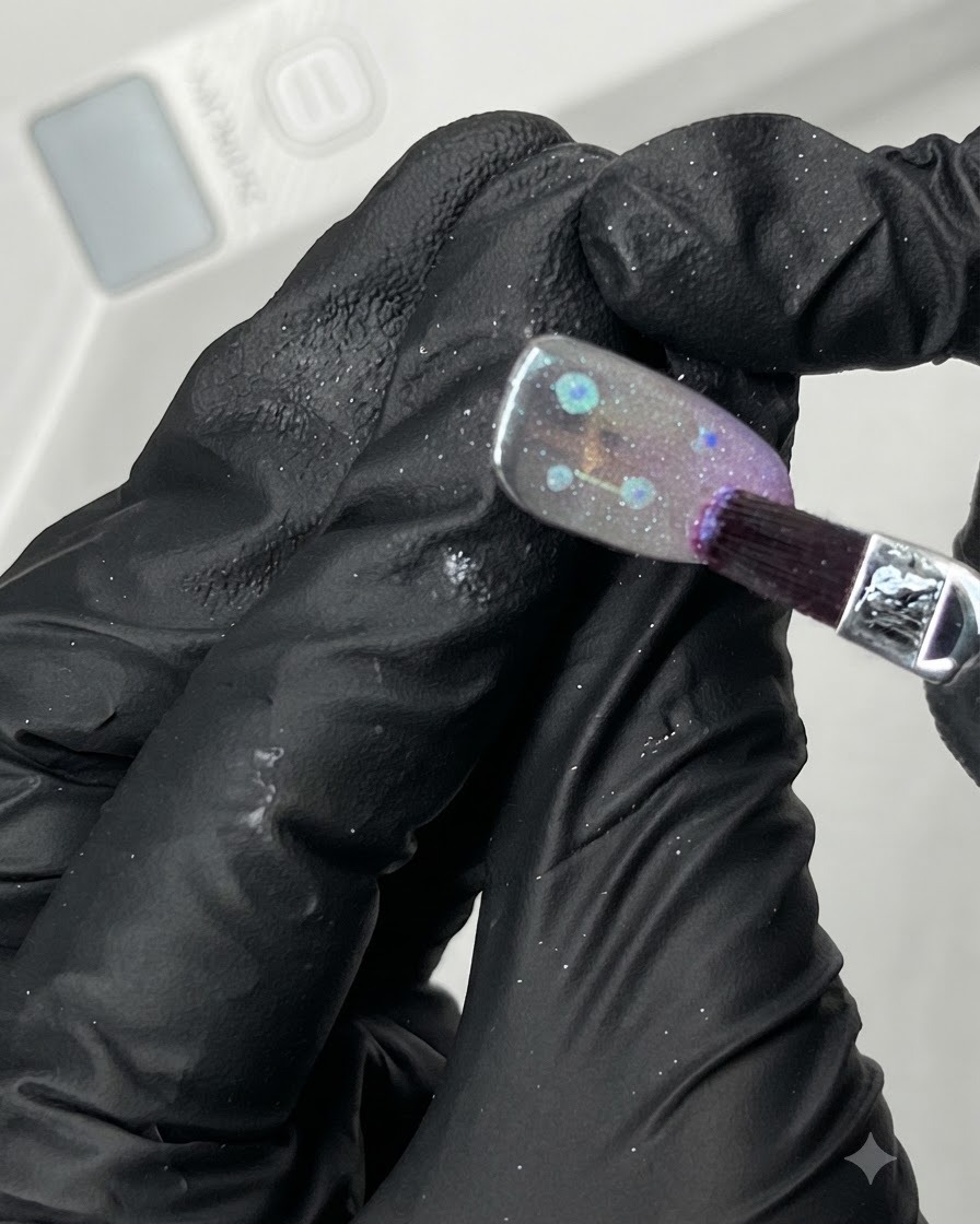 Ein flacher Pinsel trägt eine klare, glänzende Topcoat-Schicht über einen dekorierten Nagel mit Aurora-Finish auf.