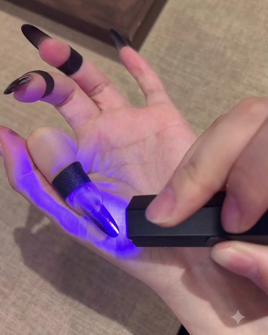 Eine tragbare Mini-UV-Lampe, die eine schwarze Ombré-Gelschicht auf einer langen Nagelverlängerung aushärtet.