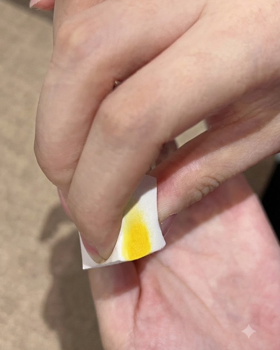 Ein Kosmetikschwämmchen, das dunkles, schwarzes Gel auf die Nagelspitze tupft, um dem Farbverlauf Tiefe zu verleihen.