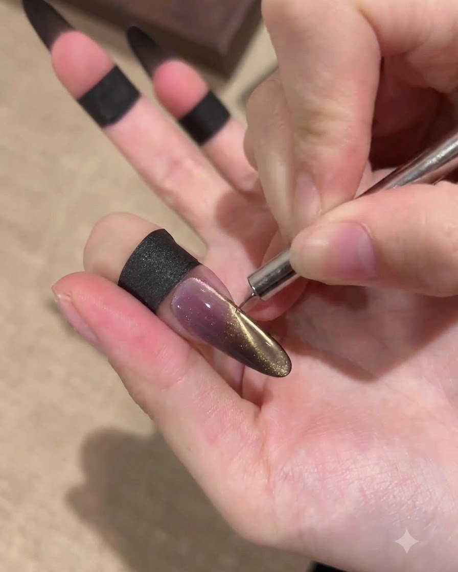 Eine Hand führt ein dünnes Magnetwerkzeug an die Seitenkante eines langen Stiletto-Nagels, um auf dunkler Basis einen goldenen Cat-Eye-Effekt hervorzubringen.