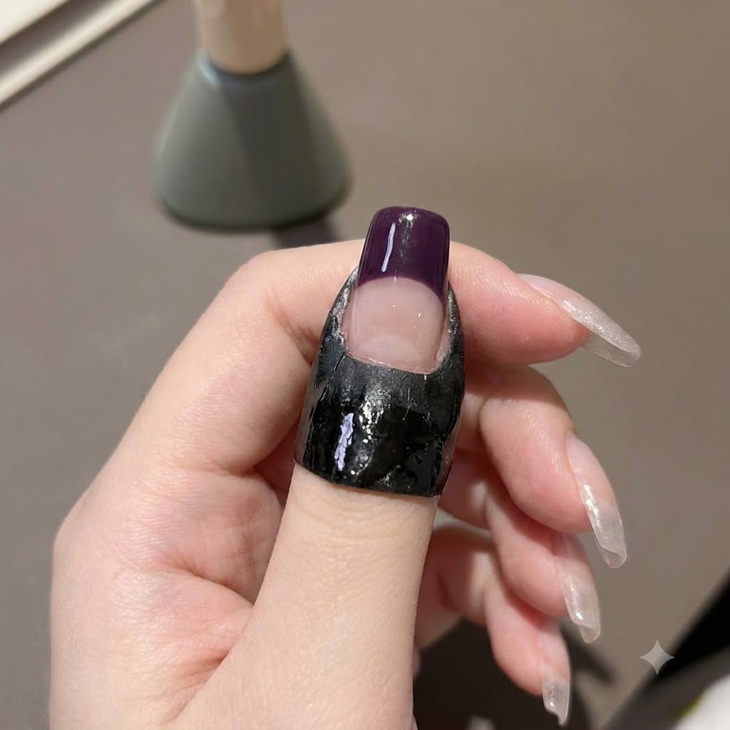 Eine Hand hält eine Mini-UV-Lampe über einen Fingernagel mit einer dunkellila Spitze, um das Gel auszuhärten.