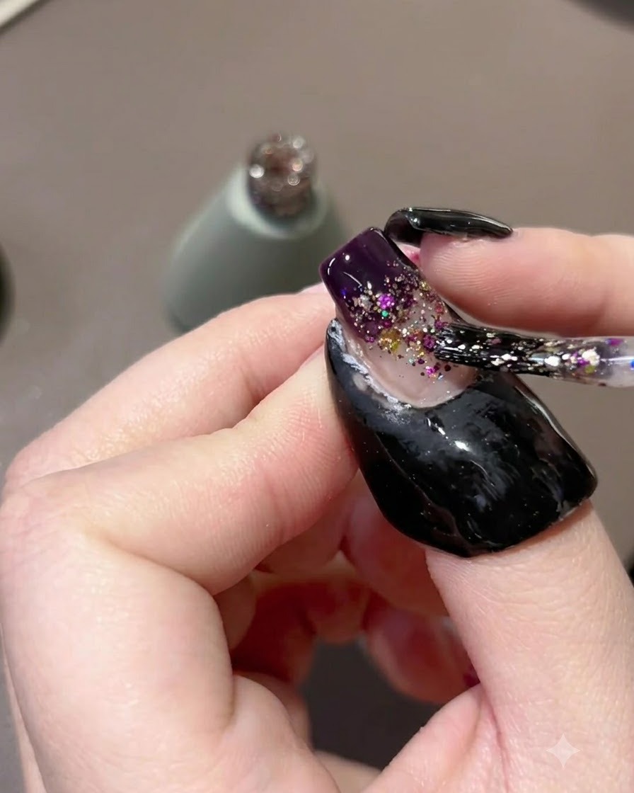 Ein Nagelpinsel tupft und zieht lila Glitzerpartikel den Nagel herunter, um einen Farbverlauf zu bilden.
