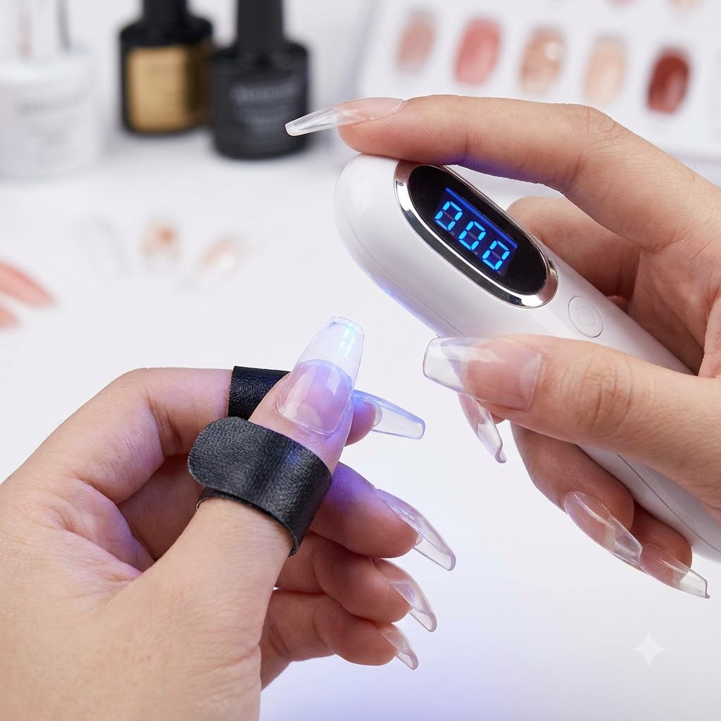 Eine tragbare Mini-UV/LED-Lampe härtet ein Set verzierter Nägel aus.