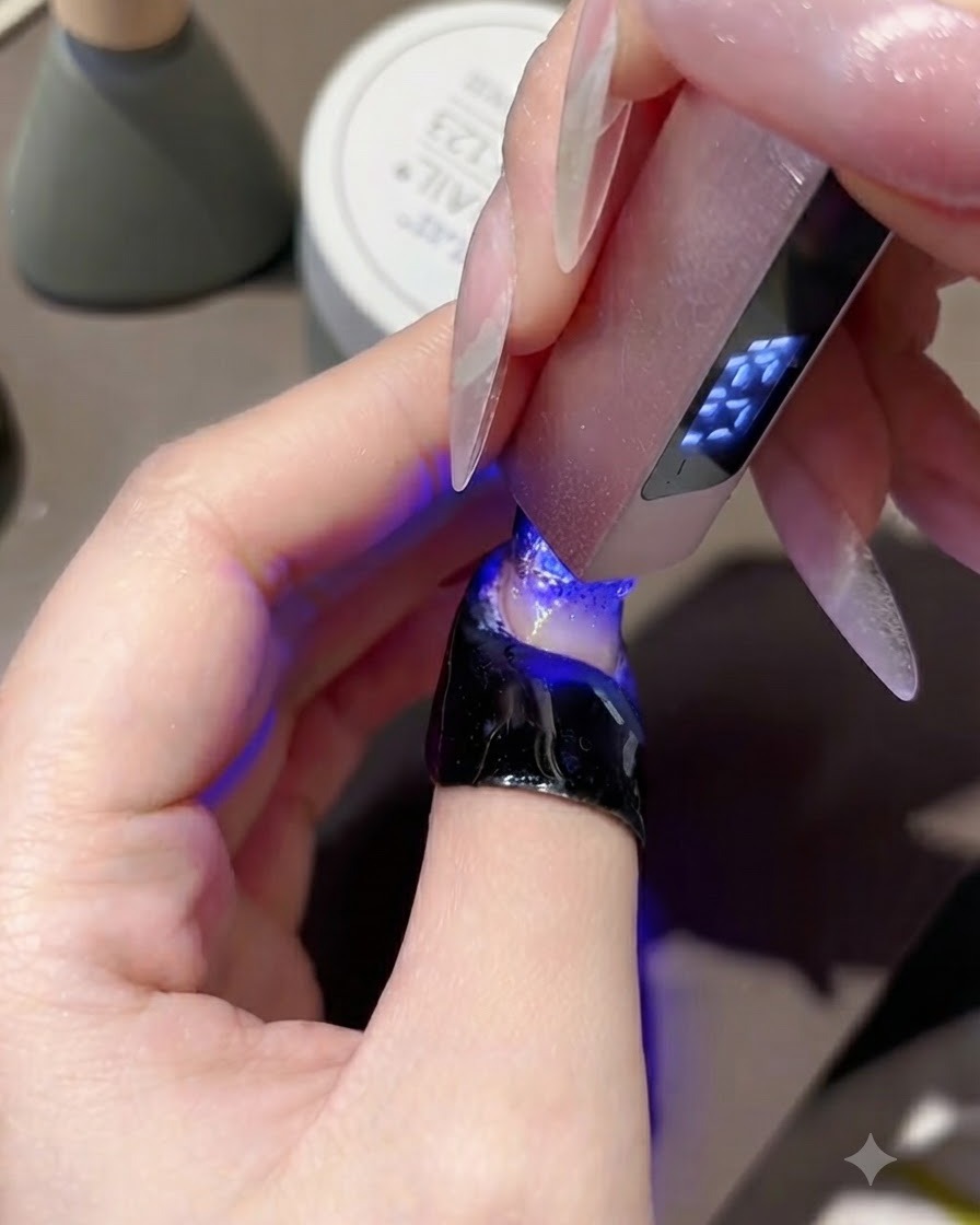 Eine rosa Mini-UV-LED-Nagellampe härtet das spaltfüllende Gel um Strasssteine auf einem fertigen Nagel aus.