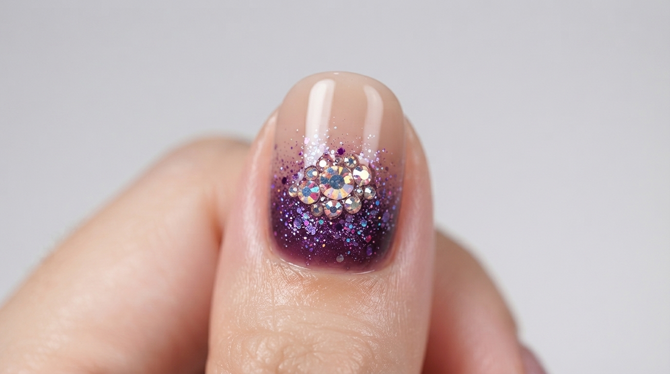 Nahaufnahme eines fertigen Nagels mit Nude-Basis, dunkler Lilaspitze, lila Glitzerverlauf und in der Mitte zentrierten Aurora-Strasssteinen.