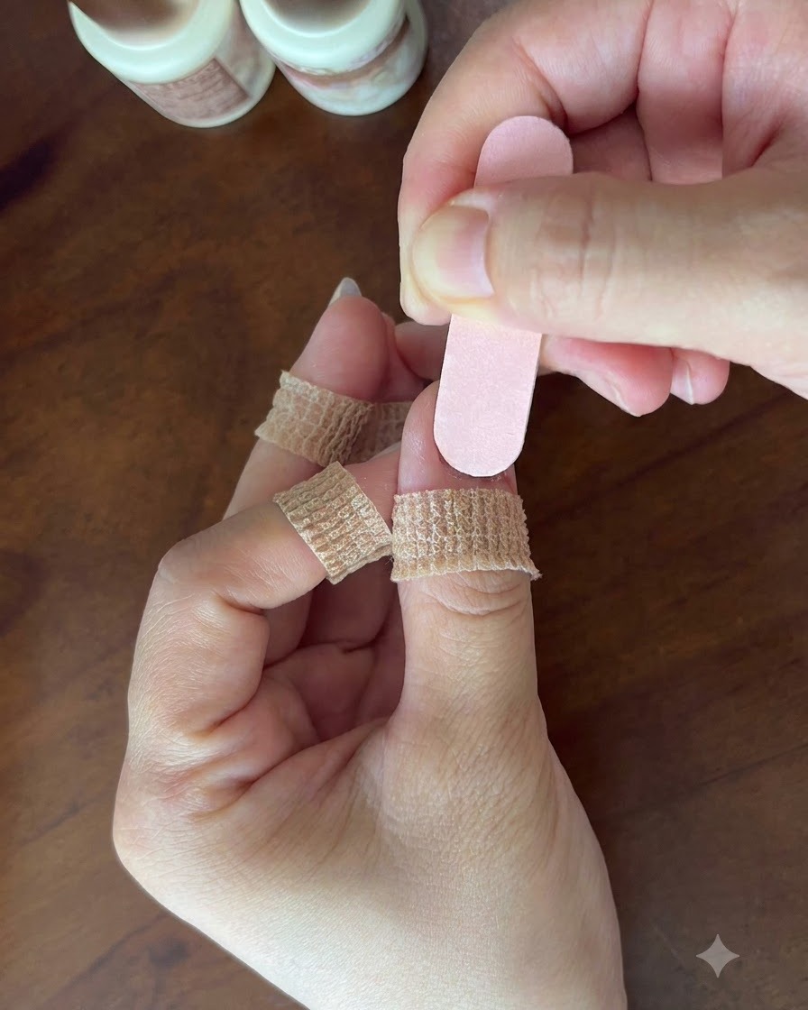 Eine Hand hält sanft eine rosa Nagelfeile über die Oberfläche eines natürlichen Fingernagels.