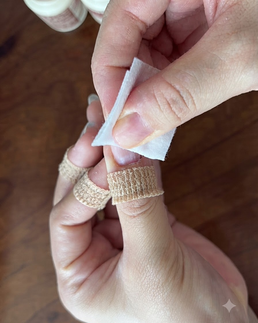 Ein Alkoholtupfer reinigt die Oberfläche eines vorbereiteten Fingernagels.